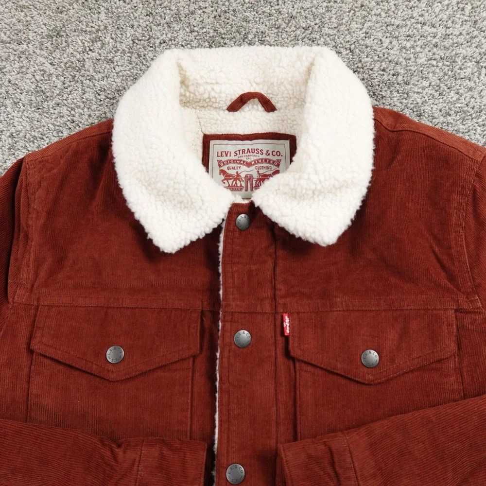 NEW Levis Jacket Mens S Brown Red Corduroy Sherpa Lined Trucker Snap Zip Coat‎